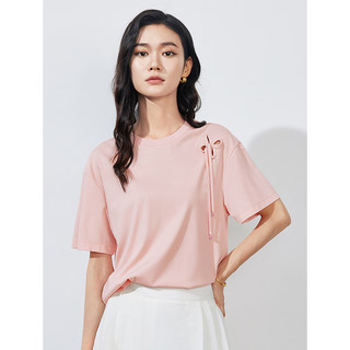 初语新中式镂空飘带设计感短袖t恤女2024夏季浅粉色天丝上衣 浅粉色 L
