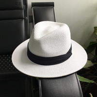 千姿娇媚出游夏季女士草帽礼帽英伦爵士帽子男百搭遮阳太阳帽 白色 可调节
