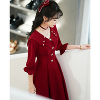 茗瑾萱敬酒服新娘酒红色订婚礼服连衣裙小个子平时可穿感女V领便装 酒红色中长款 XXL