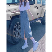丝克诺依 开叉半身裙女2024年夏季新款高腰直筒小个子a字中长款牛仔裙薄款 浅蓝色