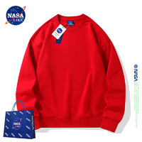 NASA LIKE圆领卫衣男女宽松无帽长袖T恤纯色棉打底衫美式ins潮流上衣服 红色 L(120-135斤）