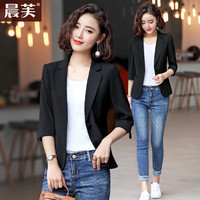 晨芙休闲小西装外套女春夏时尚气质短款七分袖薄款小个子西服修身上衣 黑色西装 4XL码(适合重140-150)