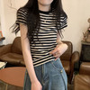 YUZHAOLIN 俞兆林 撞色条纹短袖T恤女夏季小个子短款修身内搭正肩上衣打底衫