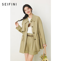 诗凡黎（'SEIFINI）莱赛尔翻领卡其风衣2024年春中长工装风外套高腰短裤女 深卡其 风衣  XL