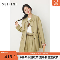 诗凡黎（'SEIFINI）莱赛尔翻领卡其风衣2024年春中长工装风外套高腰短裤女 深卡其 风衣 发 L