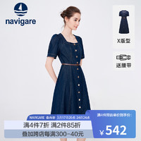 Navigare意大利小帆船短袖连衣裙女士2024春夏A字裙显瘦百搭牛仔长裙 海军蓝 S