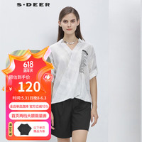 S.DEERsdeer圣迪奥女装夏V领白色条纹不规则摆五分袖女式衬衫S19260405 漂白/90 S/160