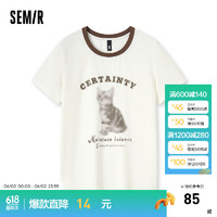 森马（Semir）短袖T恤女美式复古撞色2024夏季猫咪衣服小众 米白10301 S 155/80A