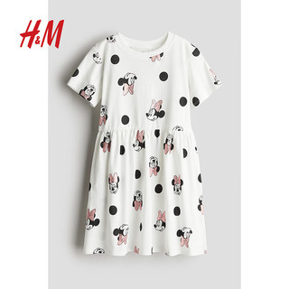 H&M童装女童2024夏季裙子可爱印花短袖柔软棉质连衣裙1220362 白色/米妮老鼠 150/76