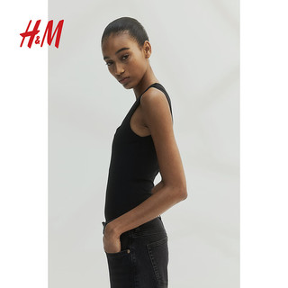 H&M女装背心2024夏季方领柔软弹力汗布上衣1221690 黑色 155/76 XXS