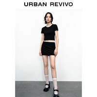 URBAN REVIVO 女士气质通勤撞色蝴蝶结花边短袖T恤 UWU440116 黑色 L