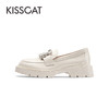 88VIP：KISSCAT 接吻猫 春季新款高级单鞋休闲闪钻方扣质感增高粗跟牛皮乐福鞋女