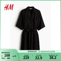 H&M2024夏季女装腰部系带衬衫式连衣裙1232079 黑色 155/80