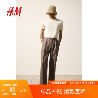 H&M HM 男装T恤2024夏季修身舒适罗纹直筒重磅圆领短袖上衣1229215 奶油色 175/108 L