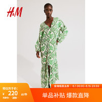 H&M女装连衣裙2024夏季V领腰部系带绉织灯笼长袖长裙1226566 绿色/图案 165/96