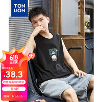 TONLION 唐狮 男环球功夫熊猫前胸潮酷图案印花圆领背心 黑色 XL