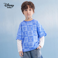 88VIP：Disney baby 迪士尼男童纯棉假两件长袖T恤2024春秋新款儿童时髦打底上衣童装