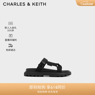 CHARLES&KEITH24夏魔术贴休闲厚底沙滩凉拖鞋女CK1-71720067 BLACK TEXTURED黑色纹理 36