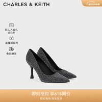 CHARLES&KEITH24夏亮钻尖头细跟气质高跟鞋女CK1-60280435-1 BLACK TEXTURED黑色纹理 38