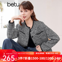 百图betu女装2024春季短外套高级感小香风长袖毛呢外套女2401T40 黑色 M