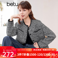 百图betu女装2024春季短外套高级感小香风长袖毛呢外套女2401T40 黑色 XS