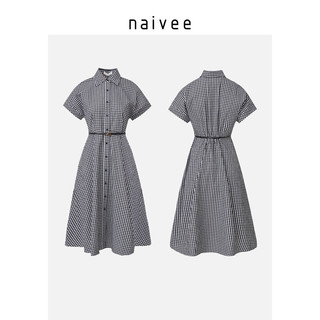 naivee纳薇22夏款肌理泡泡棉精美衬衫领格纹X型合体短袖连衣裙
