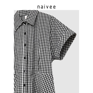 naivee纳薇22夏款肌理泡泡棉精美衬衫领格纹X型合体短袖连衣裙 嫩绿 155/80A