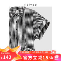 naivee纳薇22夏款肌理泡泡棉精美衬衫领格纹X型合体短袖连衣裙 黑白 155/80A