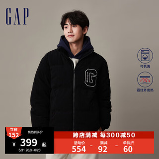 Gap男女装秋季LOGO发热保暖灯芯绒羽绒服720815夹克外套 黑色 175/88A(XS)