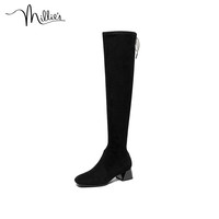 Millie's 妙丽 冬新款弹力绒布瘦瘦靴高筒过膝粗跟女长靴LOZ53DC2