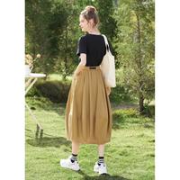 她池 女士文艺风纯色多口袋裙子