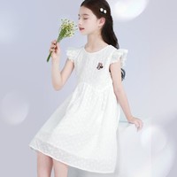 Disney 迪士尼 女童连衣裙2024新款夏装儿童白色裙子纯棉大童