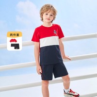 暇步士 男童轻薄透气运动套装夏装儿童T恤短裤套装舒适跑步运动套装