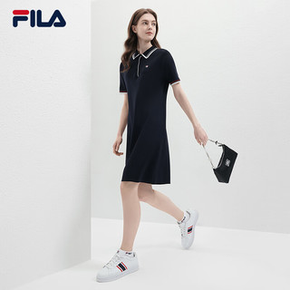 FILA 斐乐女子织连衣裙2024夏季时尚休闲翻领短袖裙子 传奇蓝-NV 180/96A/XXL