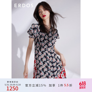 ERDOS 春夏西府海棠满印图案V领真丝泡泡袖女茶歇连衣裙 黑 165/88A/L