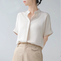 筱苮 法式立領白色襯衫女短袖2024夏季高品質醋酸緞面襯衣抗皺上衣雪紡