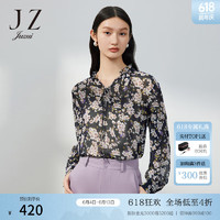 玖姿（JUZUI）度假风花卉小衫女装春季烫金印花小众轻盈感雪纺衫 花黑 XL