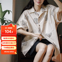 马登 MADEN女装 日式复古印花衬衫夏季纯棉休闲宽松短袖衬衣小众上衣外套 韵白 预定 S