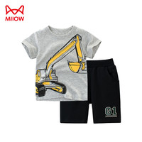 猫人(MiiOW)儿童短袖套装夏季纯棉宝宝睡衣服薄款男小童运动两件套 挖掘机 90