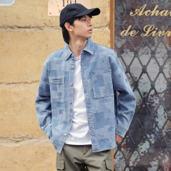 gxgjeans男装2024年春季新款撞色提花衬衣翻领牛仔衬衫外套男