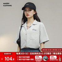马登 MADEN古巴领短袖衬衫女夏季撞色字母刺绣衬衣小众设计宽松休闲上装 浅花灰 M