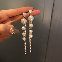 Trendolla 925銀針鑲鉆珍珠流蘇耳環歐美個性長款耳墜時尚氣質潮流耳飾