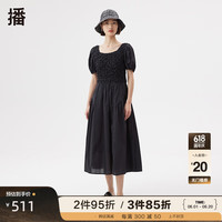 播（broadcast）春夏季气质方领腰部压褶泡泡袖长款连衣裙女DDQ2LD5047 K40黑色 L