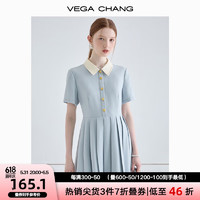 VEGA CHANG 学院风连衣裙女2024夏季新款小个子显瘦气质法式百褶裙 baby蓝 L