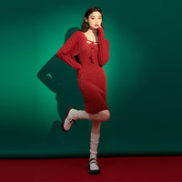 WESTLINK 西遇 复古连衣裙套装女针织新年真两件收腰修身包臀裙子D0029053 红色 L