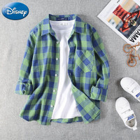 迪士尼（Disney）男孩春秋男童长袖衬衫棉质夏季薄款格子衬衣外套儿童洋气中大童潮 绿格 130 身高120-130cm