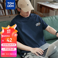 TONLION 唐狮 2024男左胸文字印花圆领短袖T恤 藏青 XL
