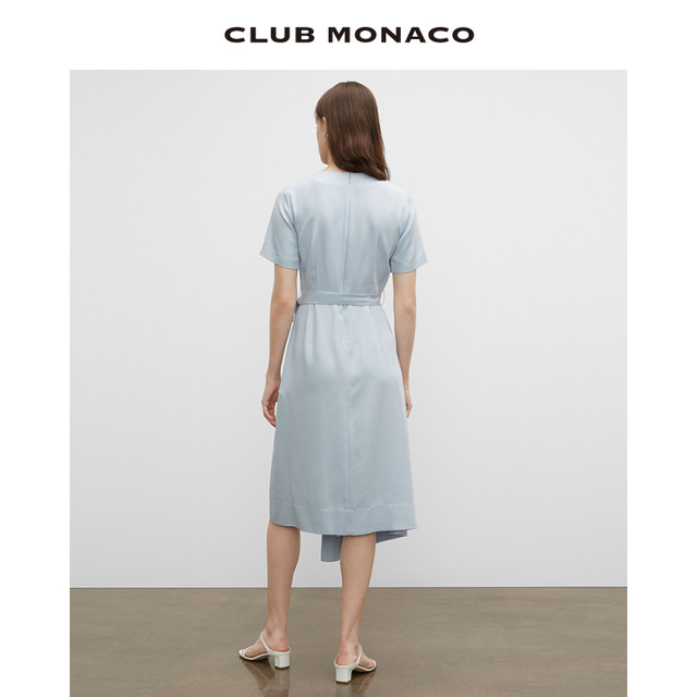 CLUB MONACO 摩纳哥会馆 女装V领短袖蝴蝶结收腰不规则裙摆法式中长款连衣裙