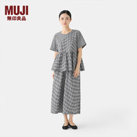 无印良品（MUJI）女式 泡泡纱 短袖罩衫 t恤上衣打底衫女款内搭夏季 黑色格纹 M （160/84A）