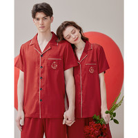 88VIP：FENTENG 芬腾 情侣睡衣夏季冰丝短袖女红色结婚本命年套装青年男大码家居服